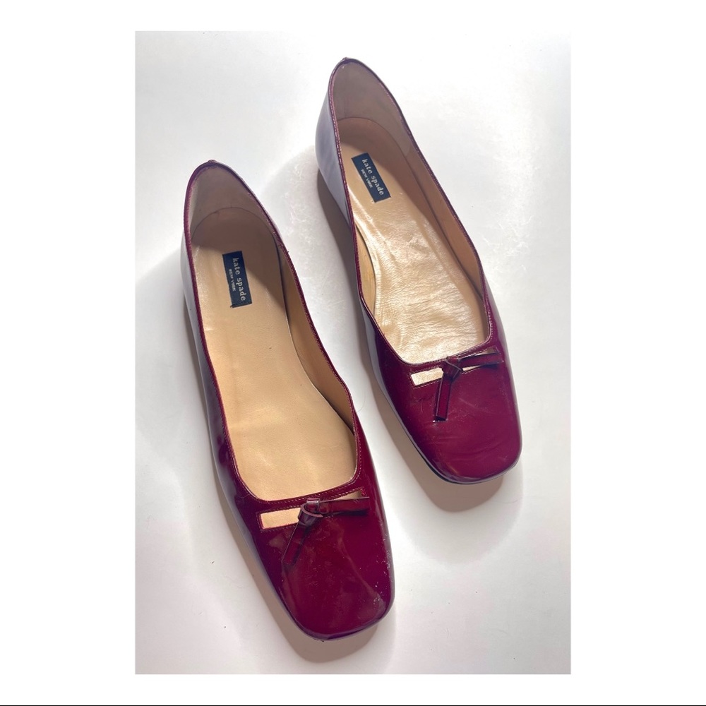 Kate Spade Leather Patent Burgundy Square Toe Bow Accent Leather Slip On Flats